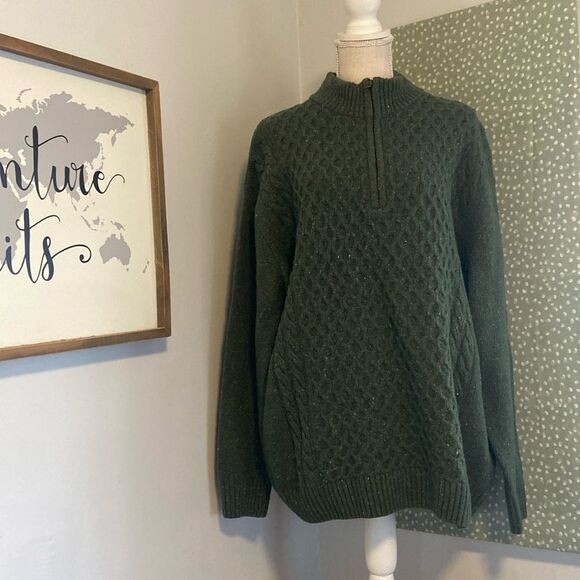 Aran Woolen Mills Green Mixed Knit 80% Wool Quarter Zip Sweater Size XL - Picture 1 of 7
